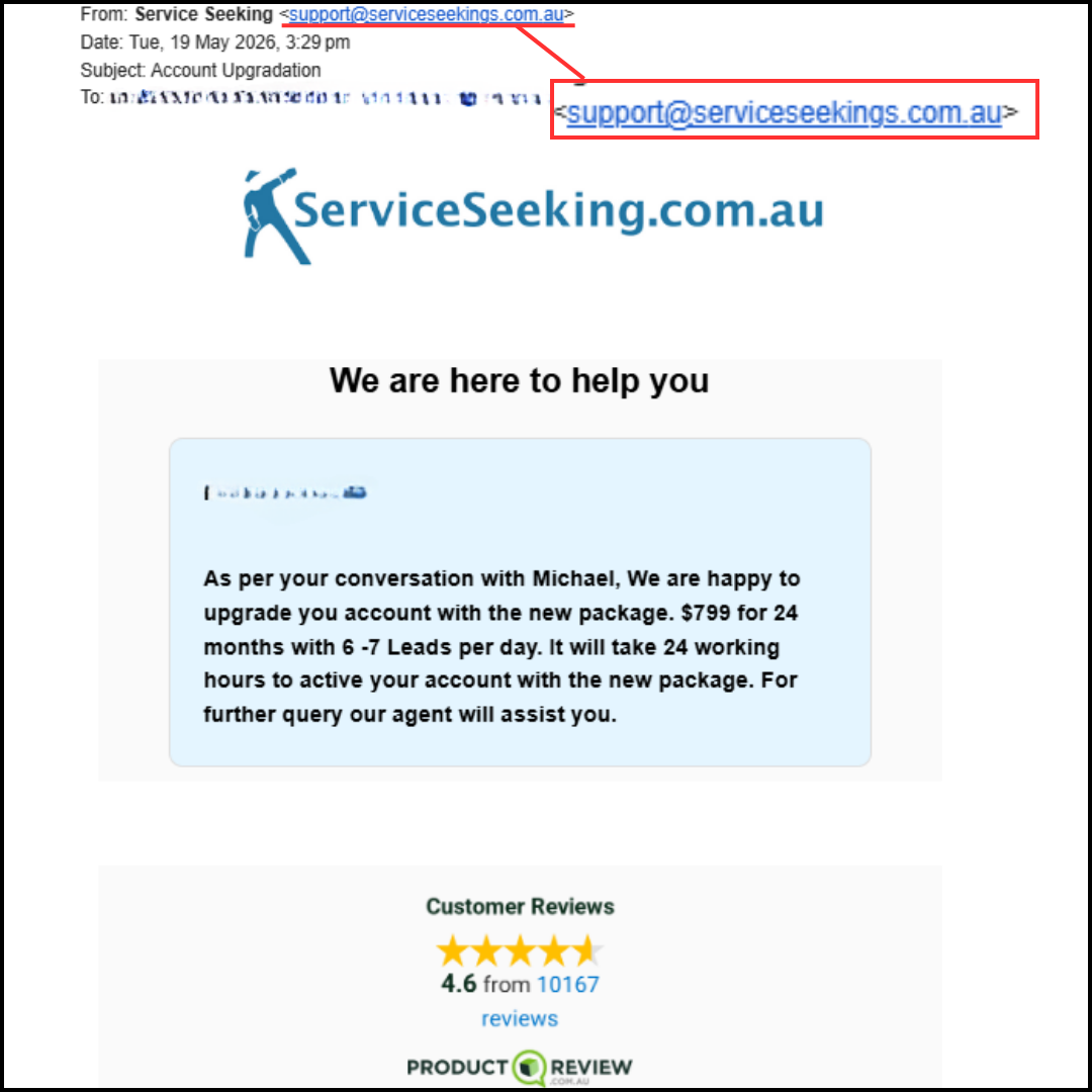 ServiceSeeking Scammer Email Screenshot
